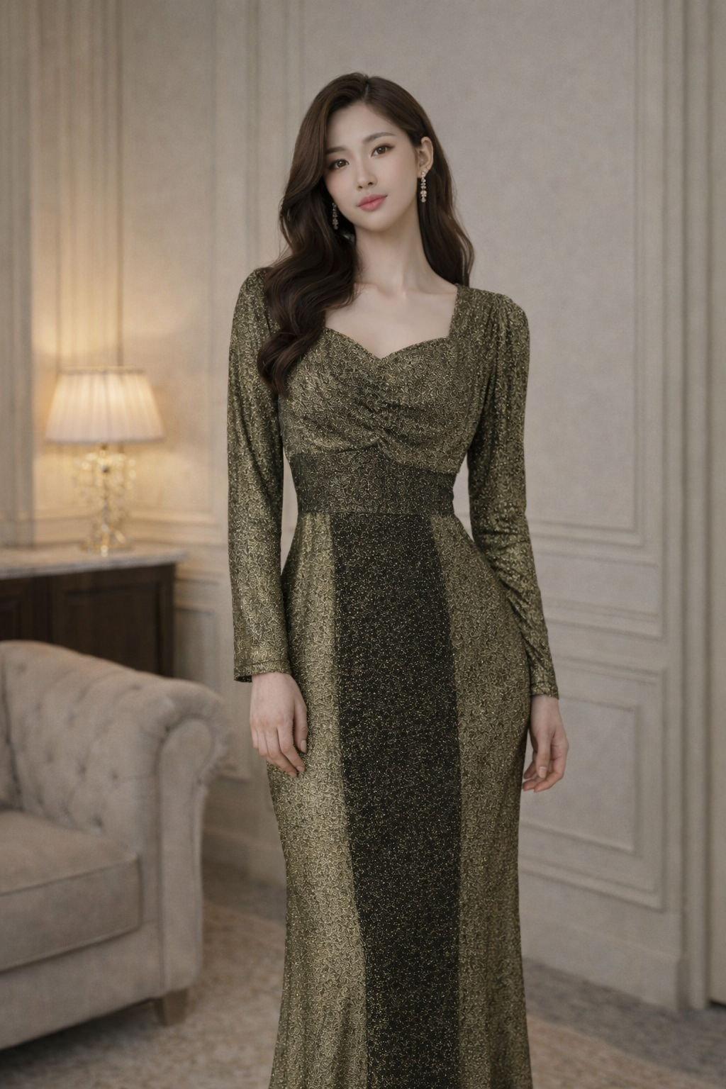 Aurora Olive Gold Shimmer Gown