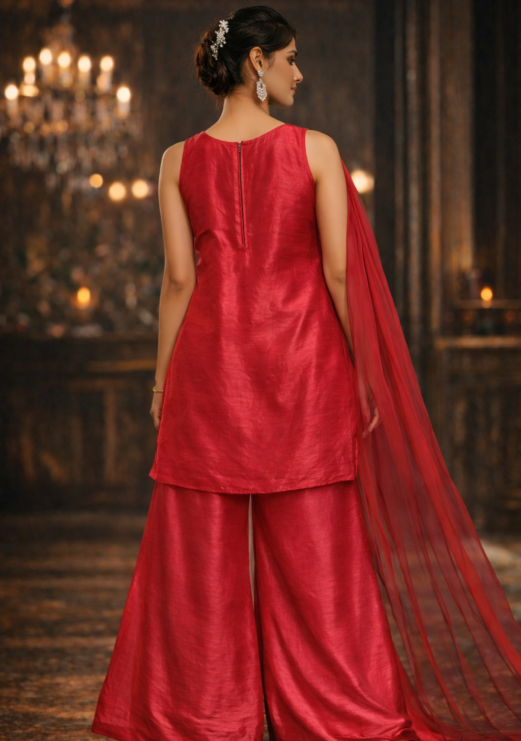 Crimson Red Designer Palazzo Set with Net Dupatta