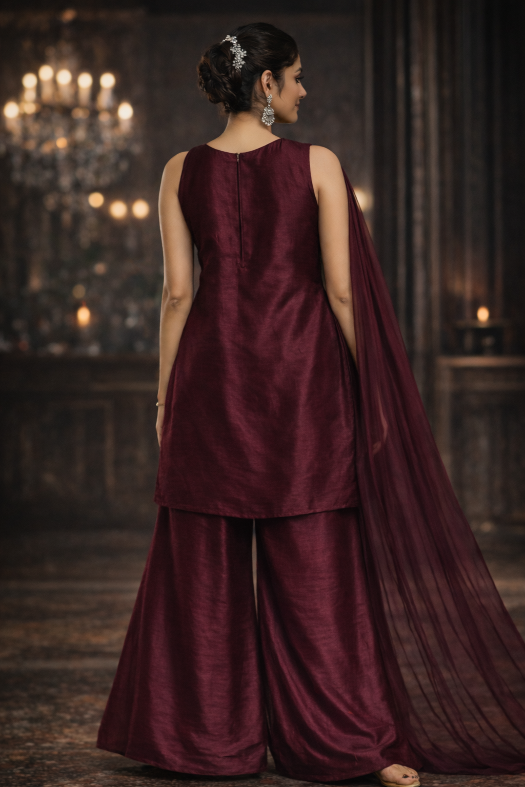 Wine Maroon Designer Palazzo Set with Net Dupatta