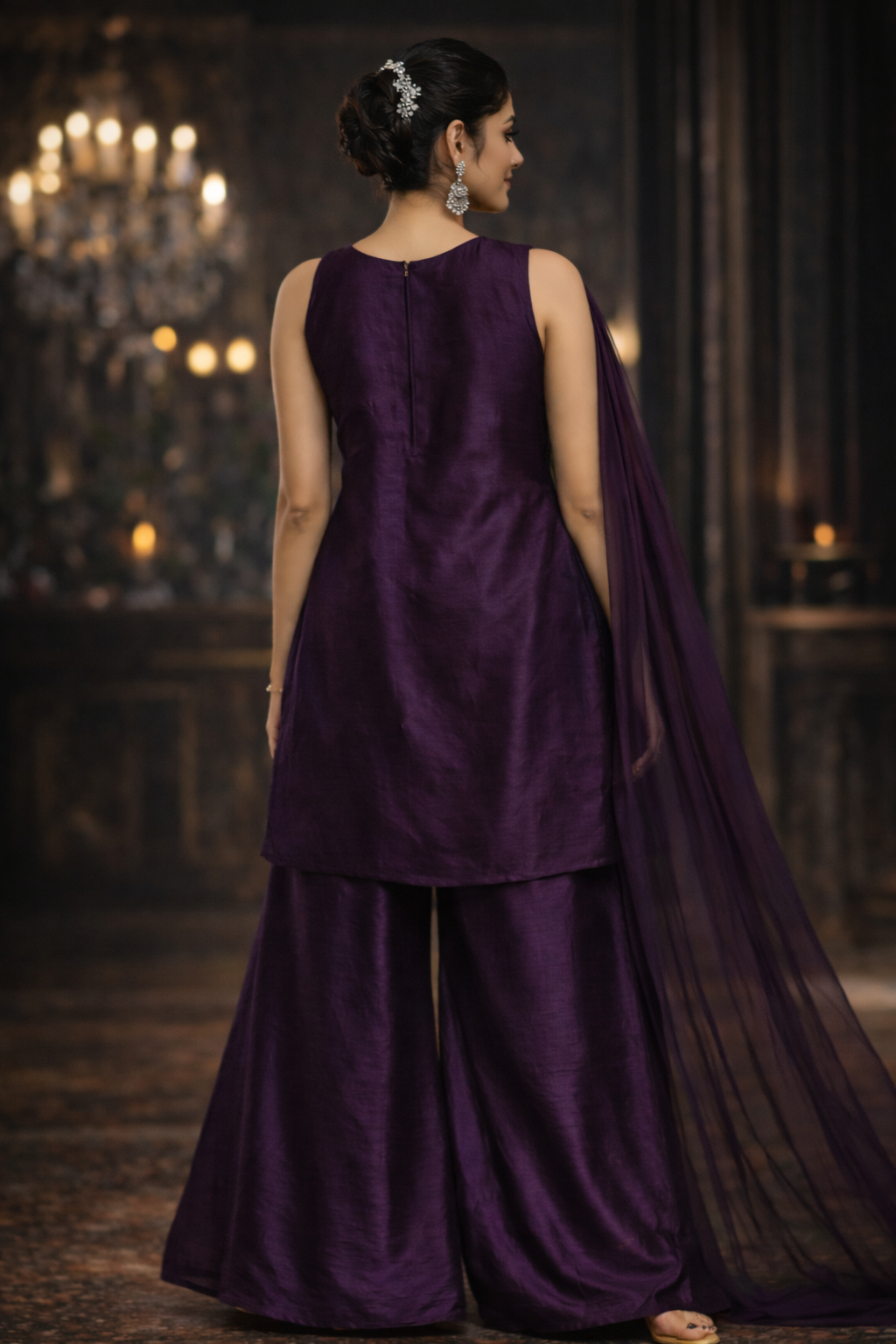 Royal Purple Designer Palazzo Set with Net Dupatta