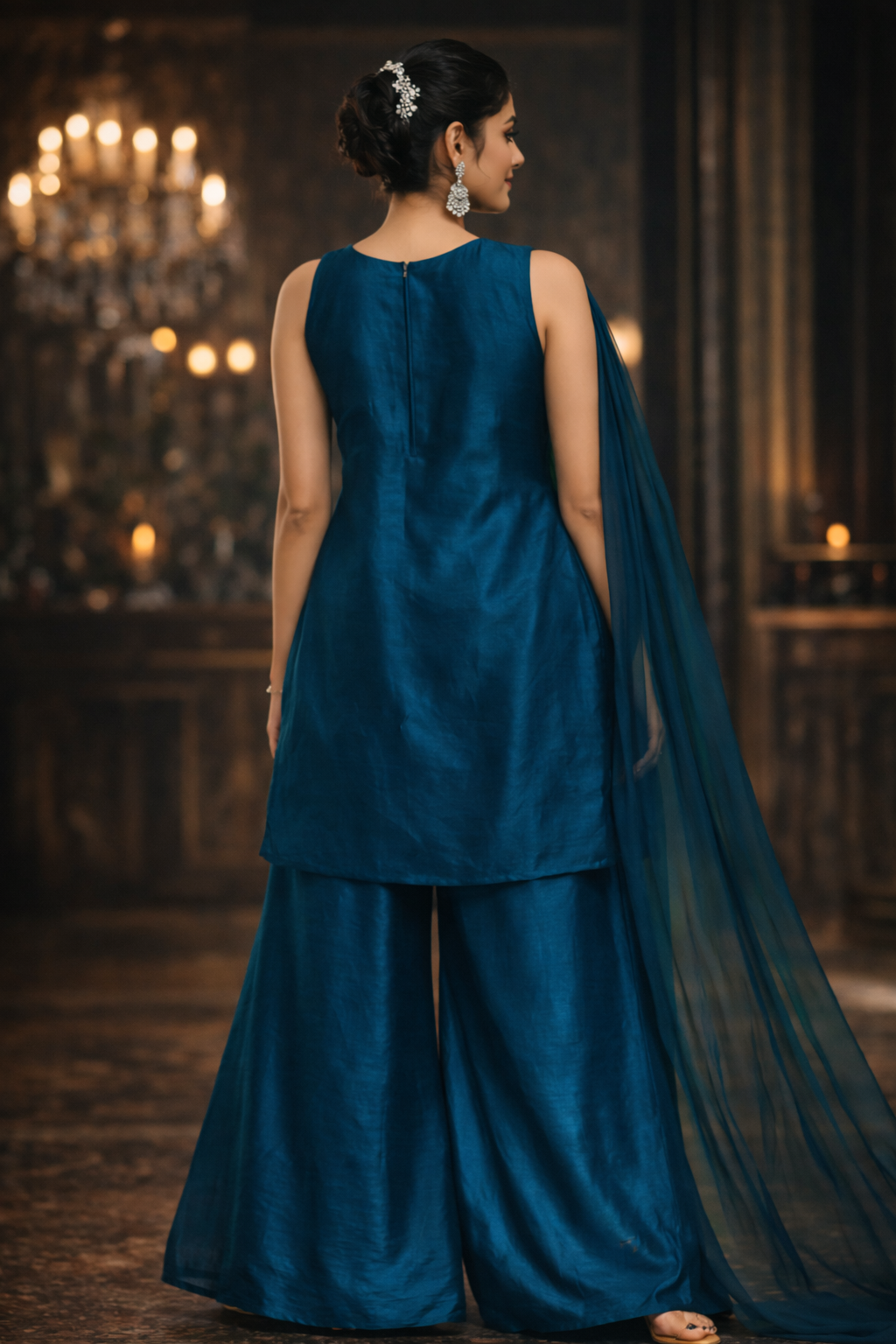 Teal Blue Designer Palazzo Set with Net Dupatta