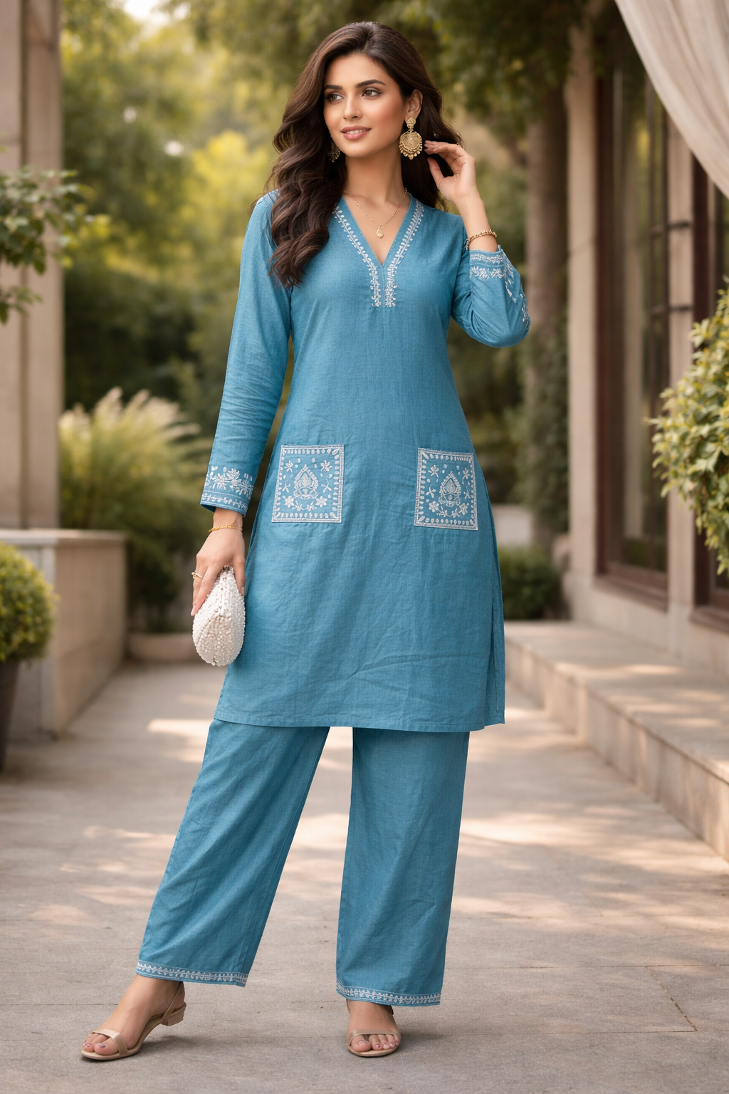 Teal Blue Embroidered Kurta Palazzo Set with Pocket Detail
