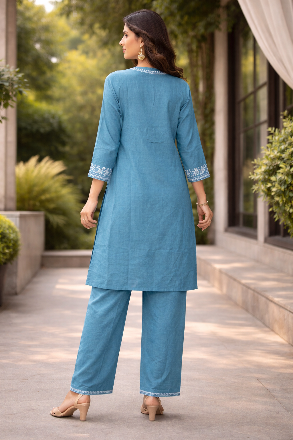 Teal Blue Embroidered Kurta Palazzo Set with Pocket Detail