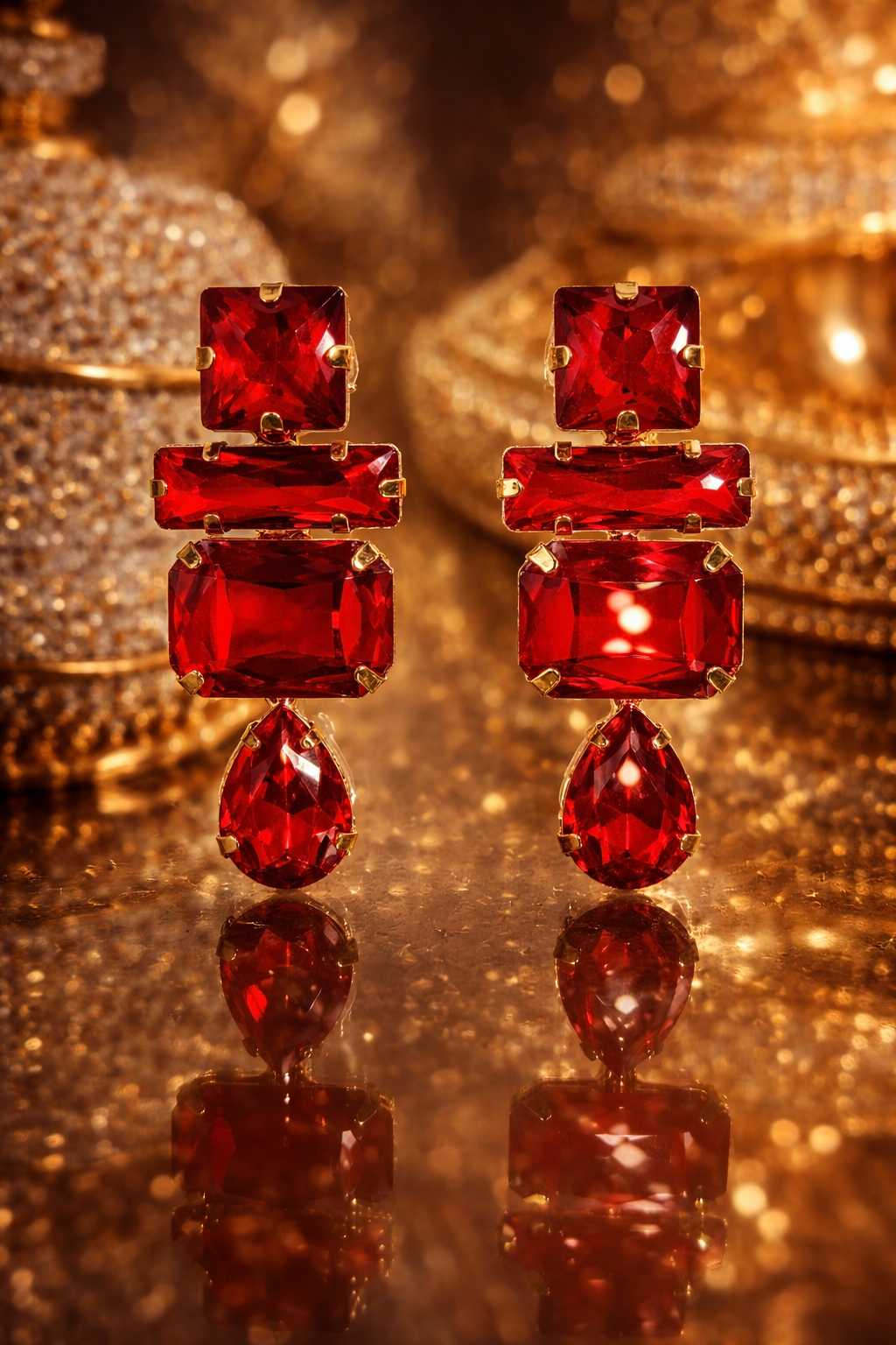 Luxury Ruby Red Crystal Drop Earrings – Gold Plated Statement Party Jewelry for Women