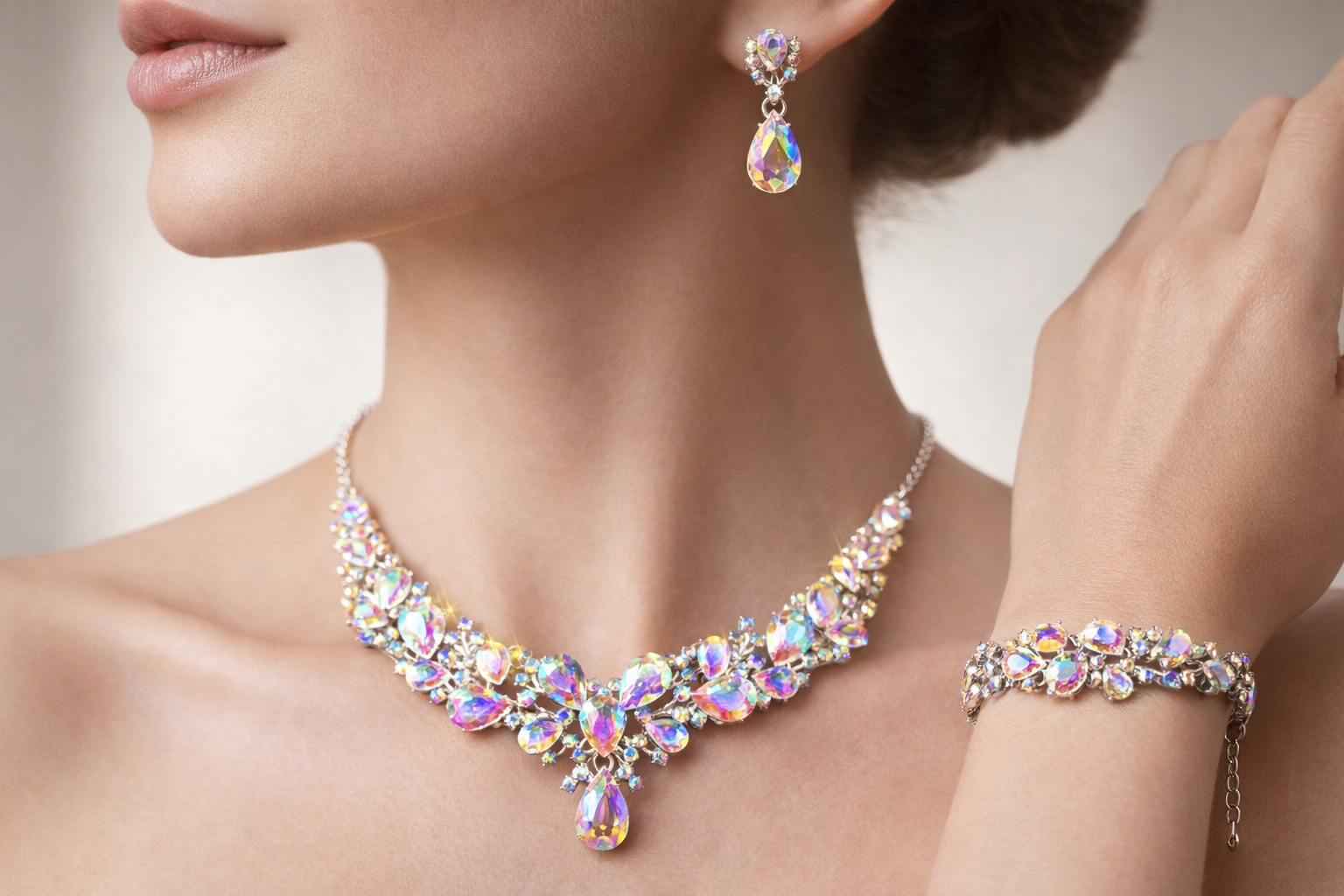 Aurora Crystal Bridal Necklace, Earring & Bracelet Set