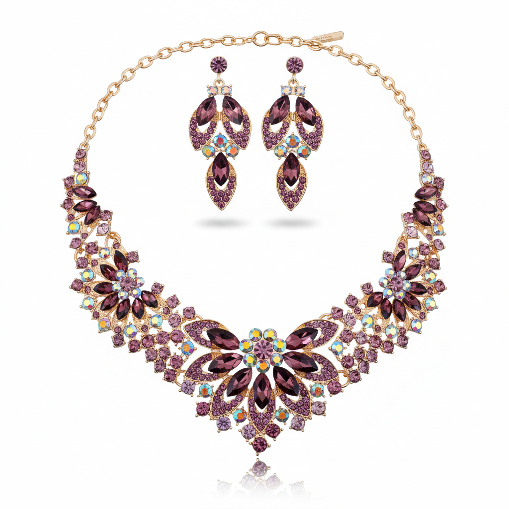 Royal Floral Purple Crystal Necklace Set with Matching Earrings