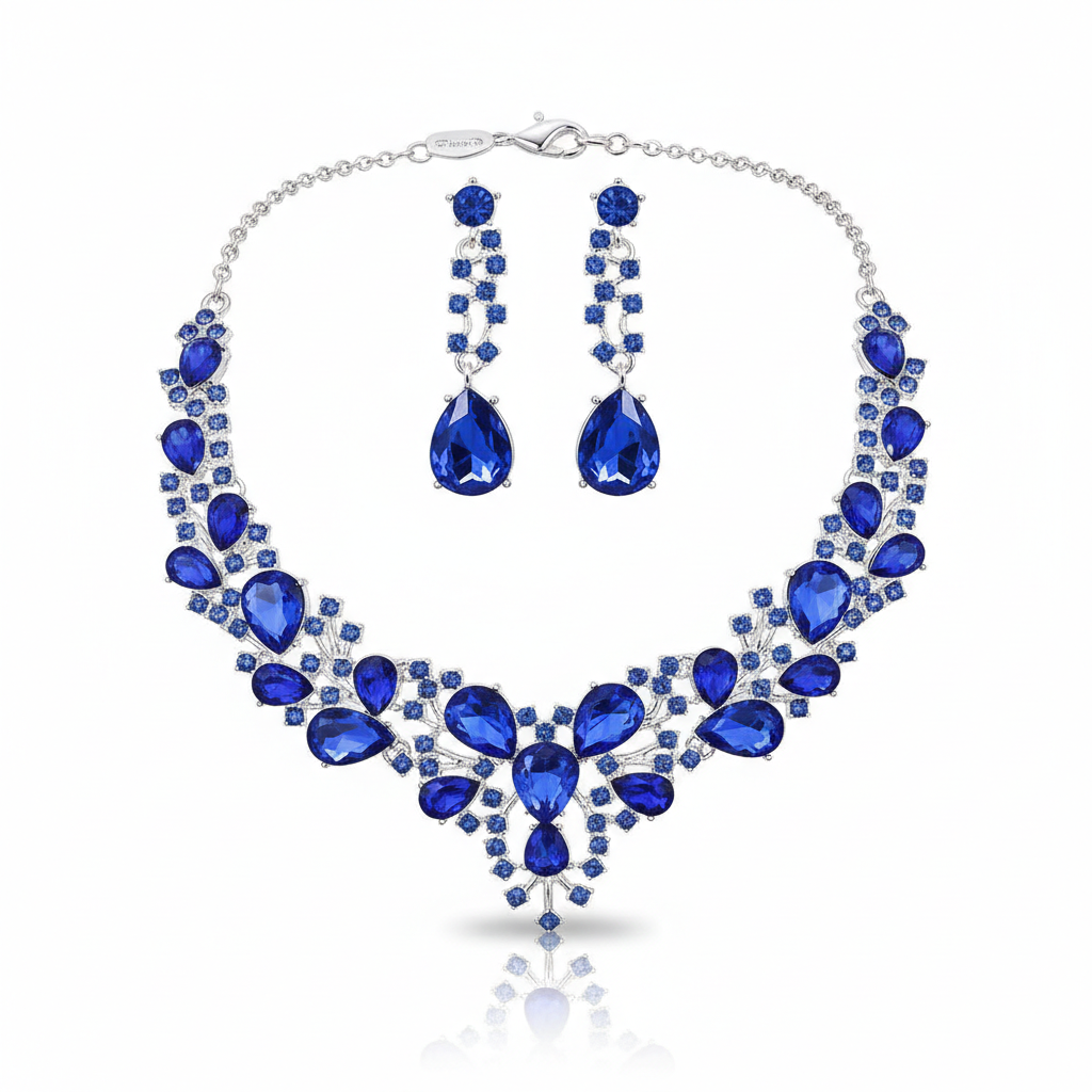 Royal Blue Sapphire Crystal Necklace Set with Drop Earrings – Luxury Bridal & Evening Jewelry
