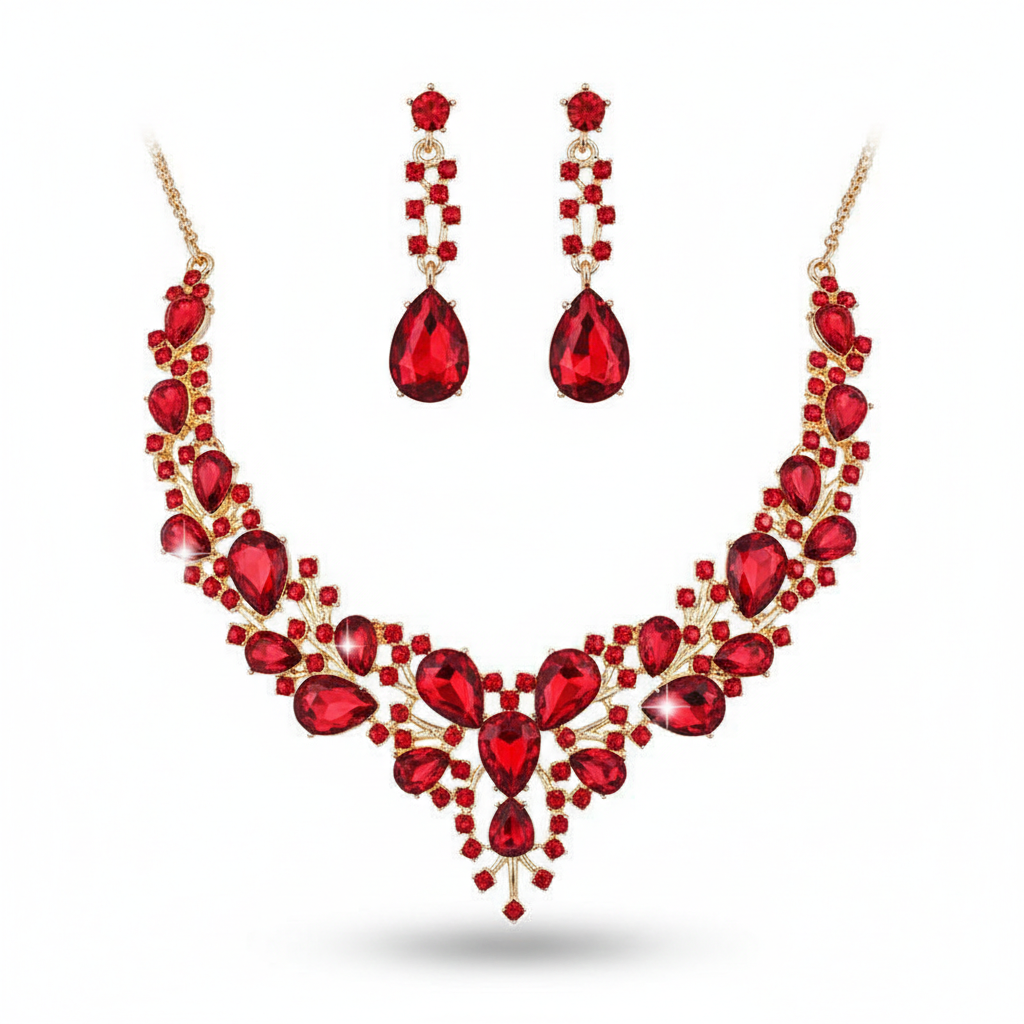 Royal Ruby Crystal Statement Necklace Set with Drop Earrings – Luxury Bridal & Party Jewelry