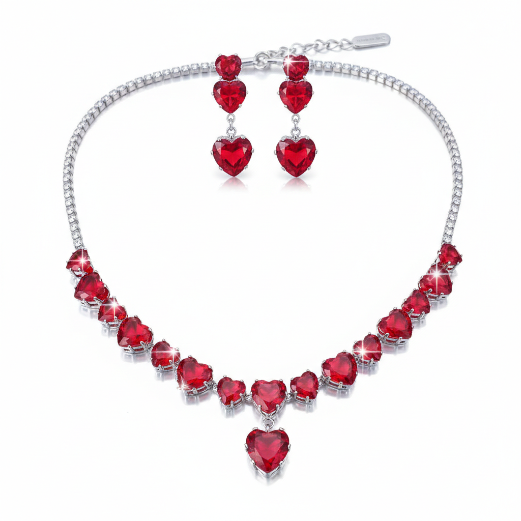 Valentine’s Heart Red Crystal Necklace Set – Romantic Gift with Matching Earrings