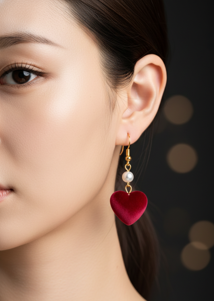 Velvet Red Heart Pearl Drop Earrings | Elegant Gold Dangle Jewelry