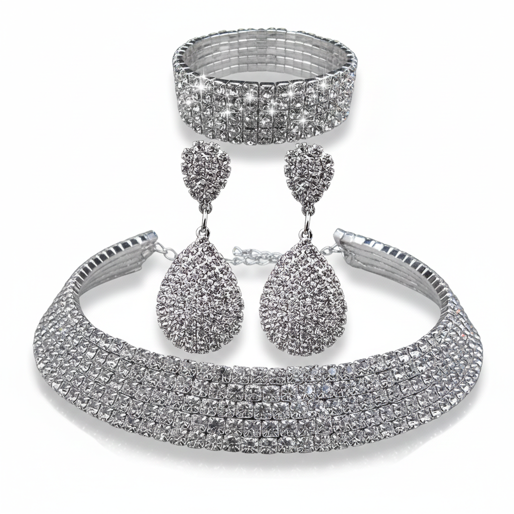 Luxury Crystal Choker Necklace Set with Teardrop Earrings & Bracelet – Luxury Bridal & Party Jewelry