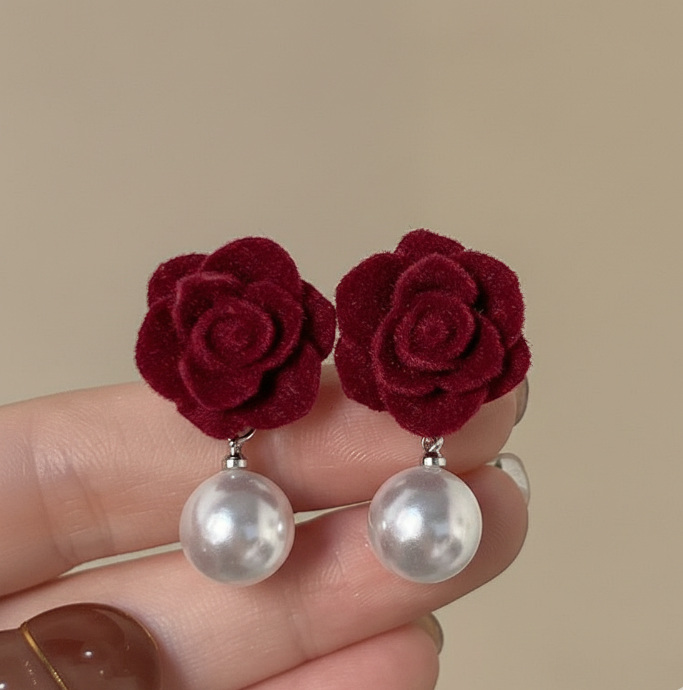 Velvet Rose Pearl Drop Earrings – Elegant Floral Studs