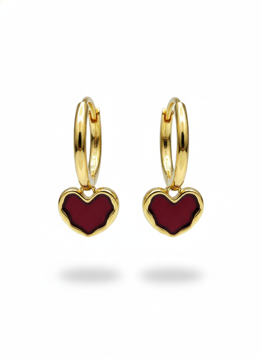 Luxe Heart Drop Earrings – Gold & Ruby Red