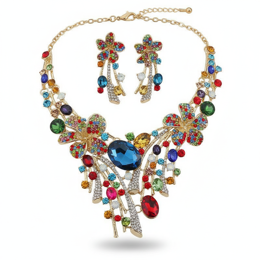 Royal Multicolor Crystal Floral Necklace Set