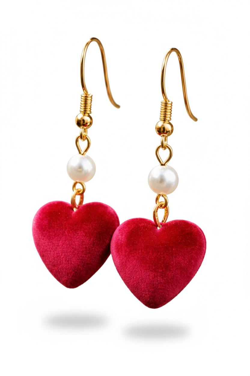 Velvet Red Heart Pearl Drop Earrings | Elegant Gold Dangle Jewelry