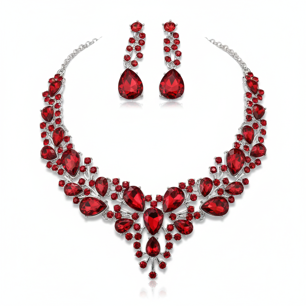 Premium Royal Red Crystal Bridal Necklace Set with Statement Drop Earrings – Luxury Wedding & Party Jewelry