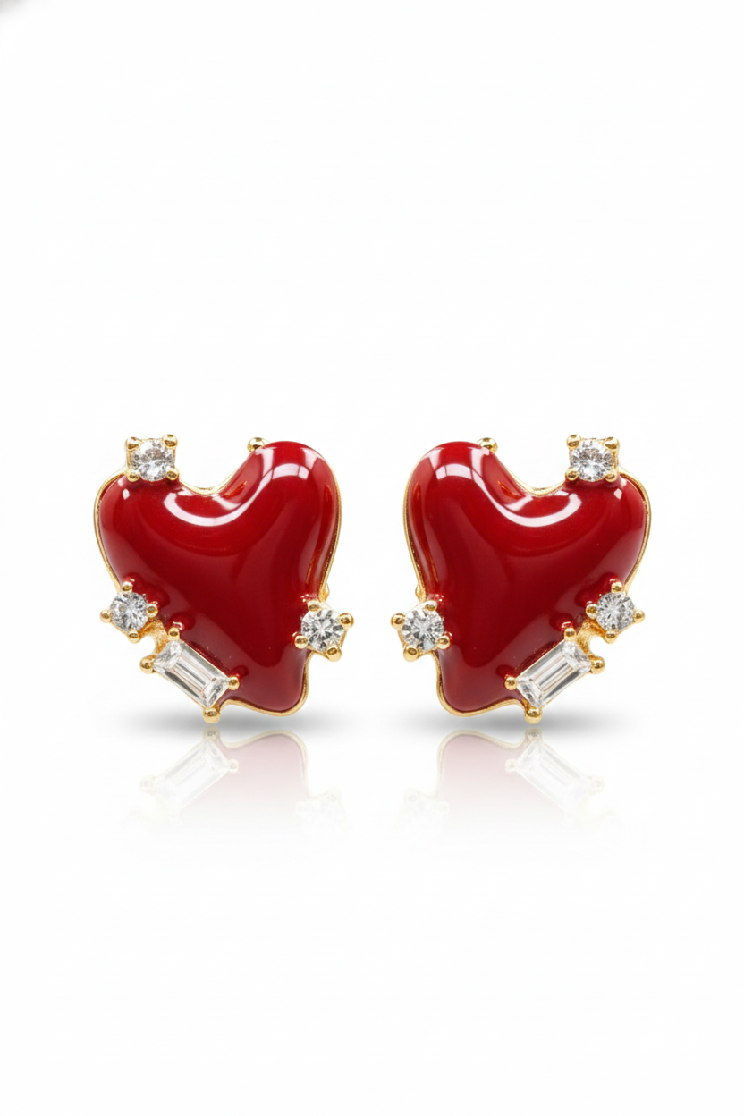 Premium Gold Plated Red Heart Stud Earrings with Crystal Sparkle