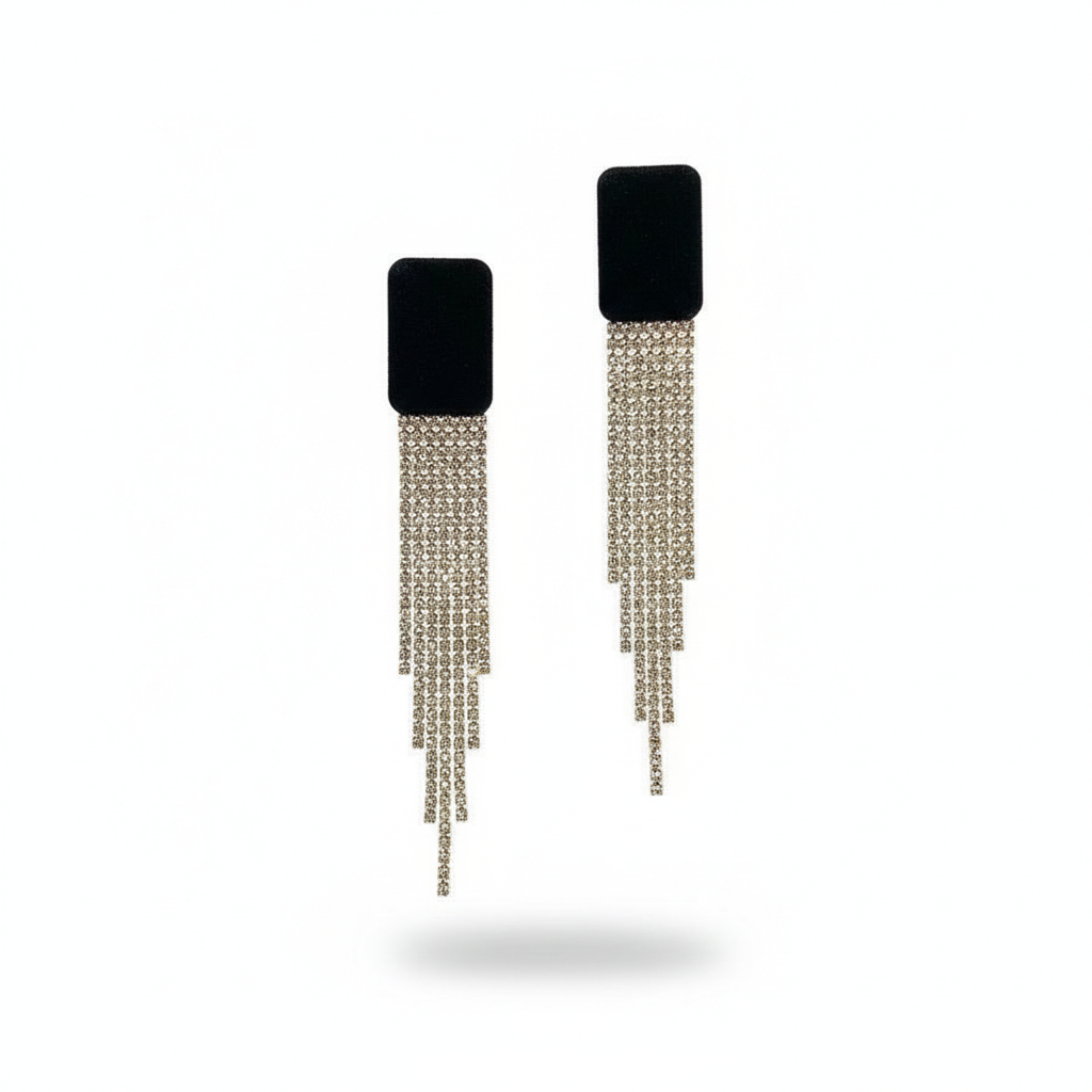 Black Velvet Crystal Tassel Drop Earrings | Luxury Evening & Party Jewelry