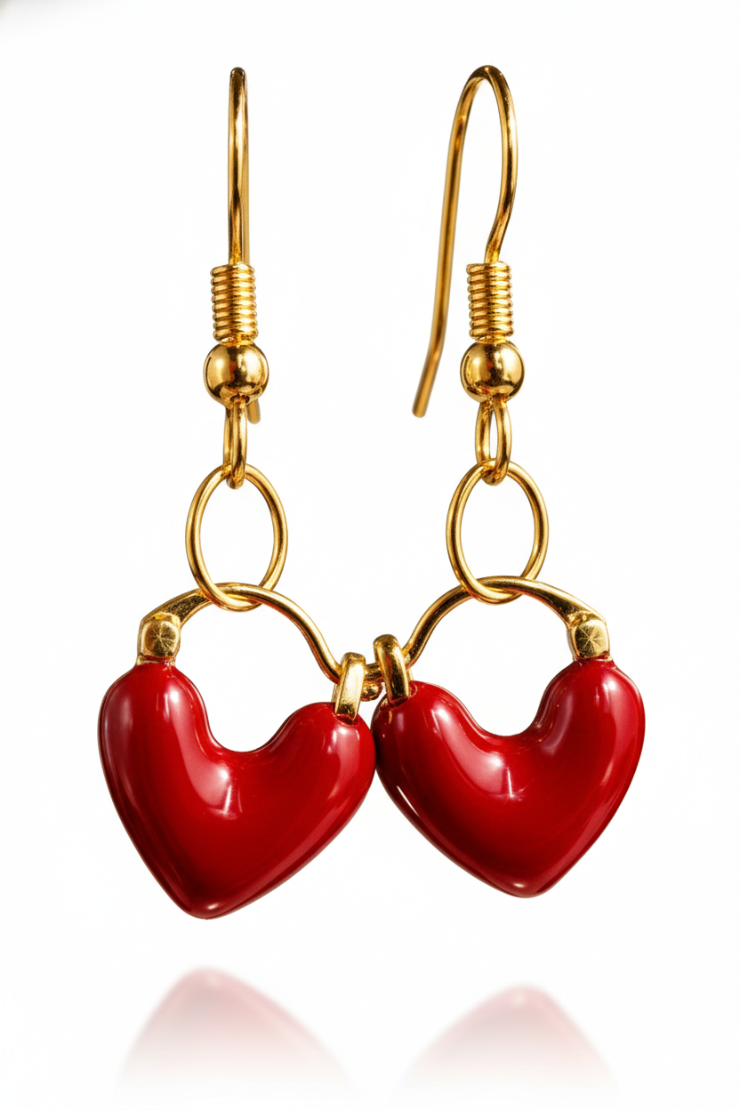 Red Heart Charm Drop Earrings | Cute Gold Dangle Earrings for Women