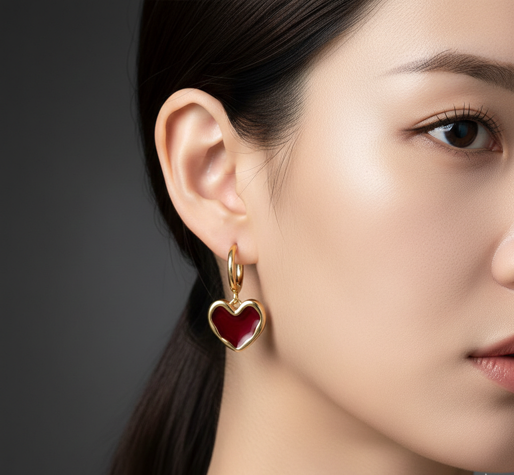 Luxe Heart Drop Earrings – Gold & Ruby Red