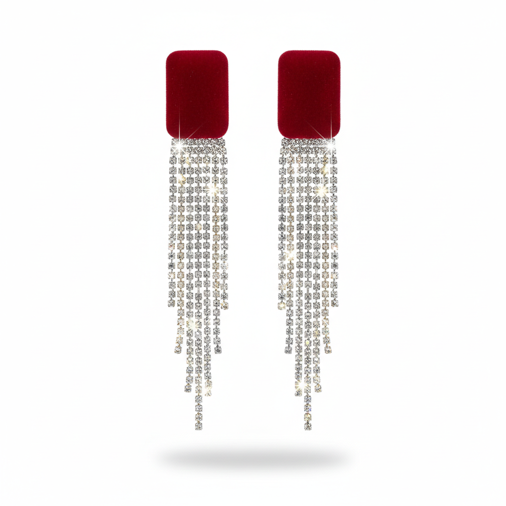 Ruby Velvet Crystal Tassel Drop Earrings