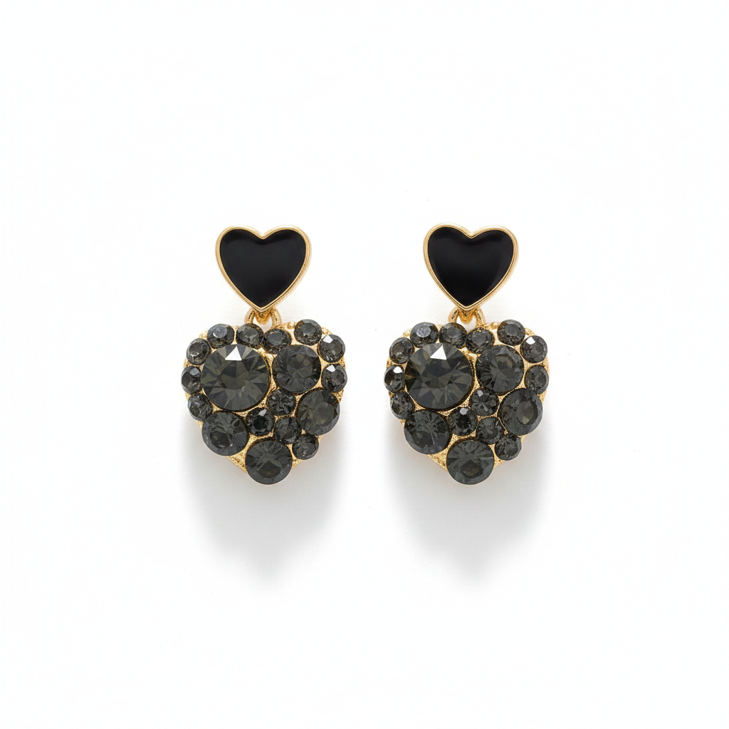 Elegant Gold-Tone Finish Black Heart Crystal Stud Earrings