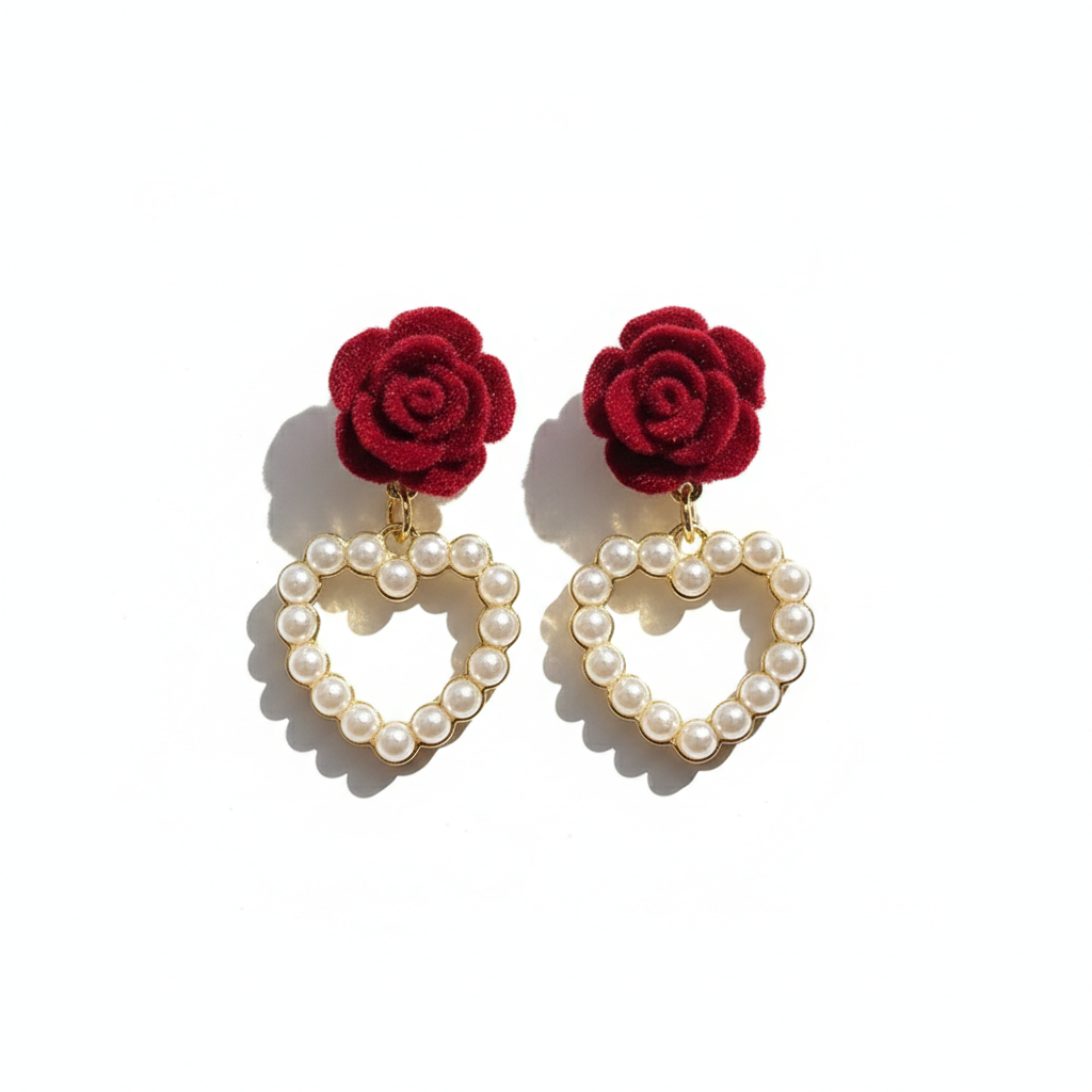 Rose Pearl Heart Drop Earrings – Elegant Floral Design