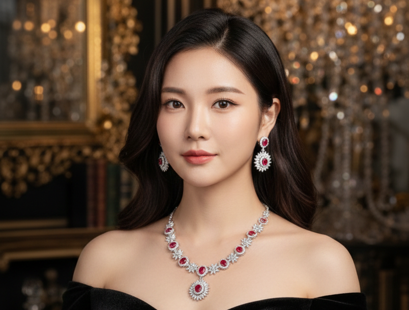 Royal Ruby Red Stone Necklace Set with Diamond Finish Earrings