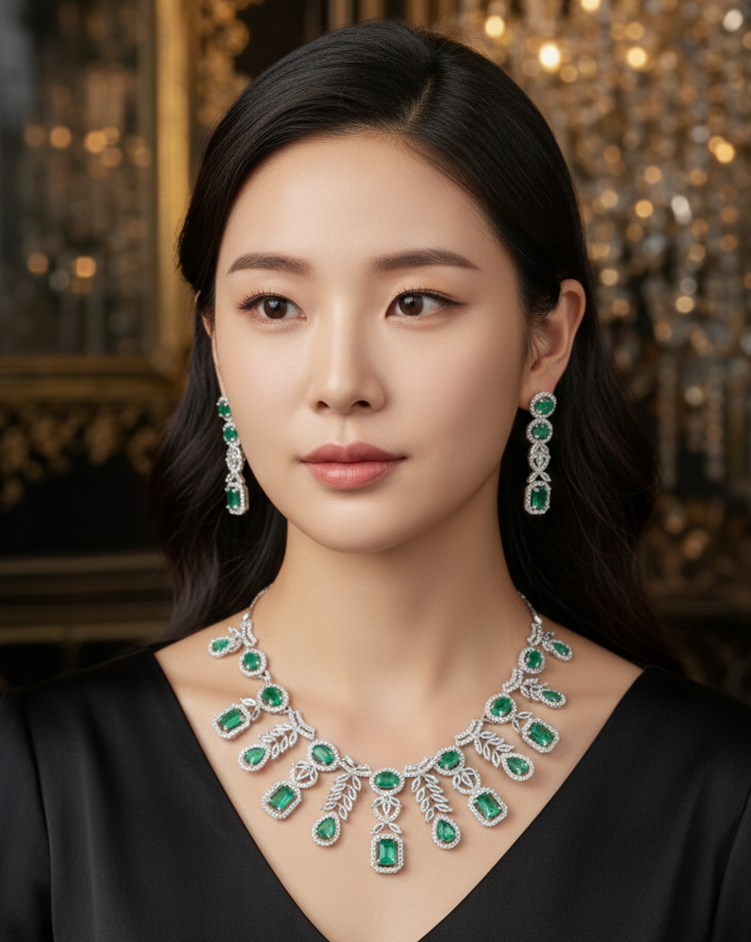 Designer Emerald Green Gemstone Necklace Set – Luxury Statement Jewelry