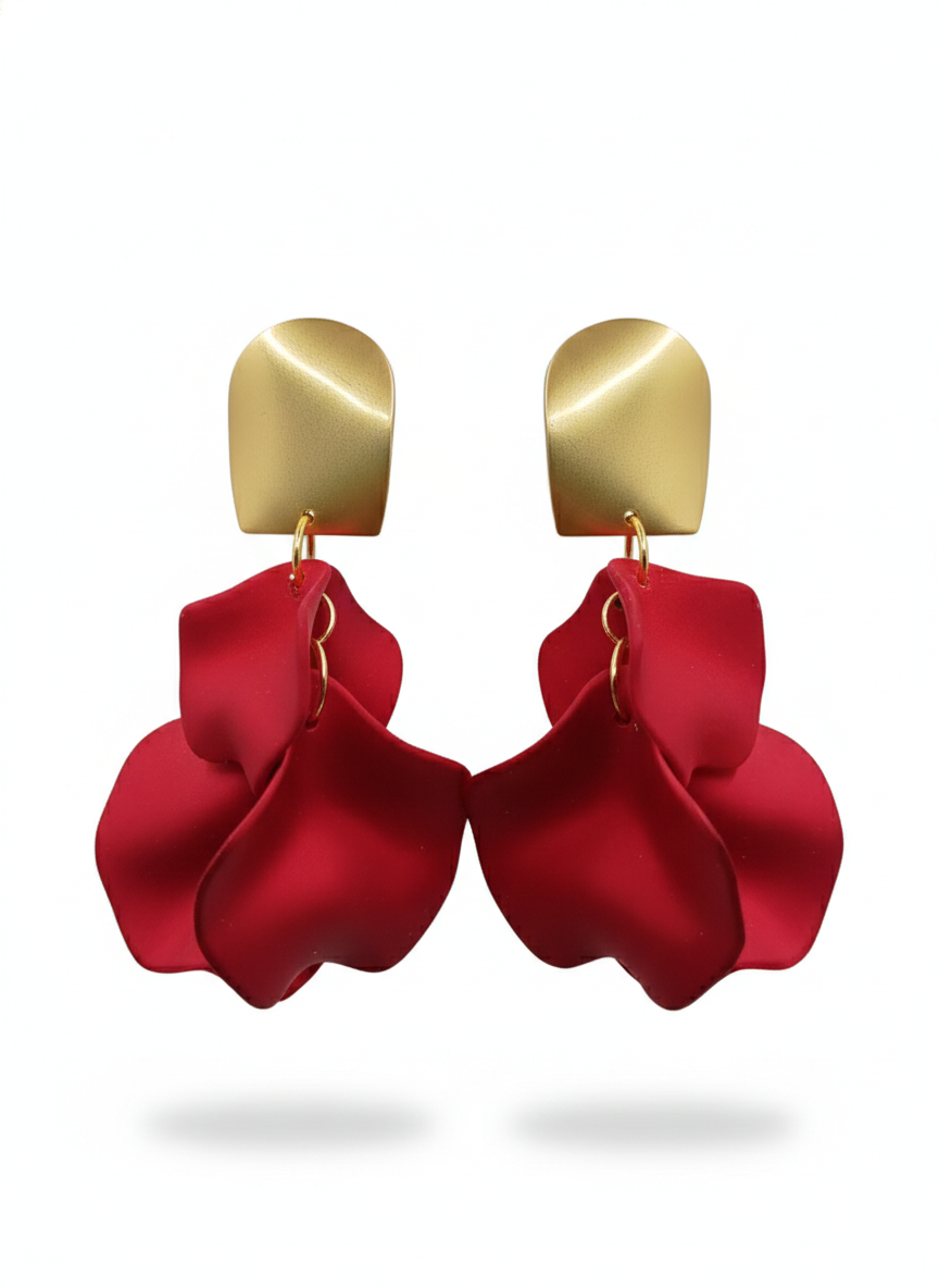 Luxury Red Petal Drop Earrings – Matte Gold Finish