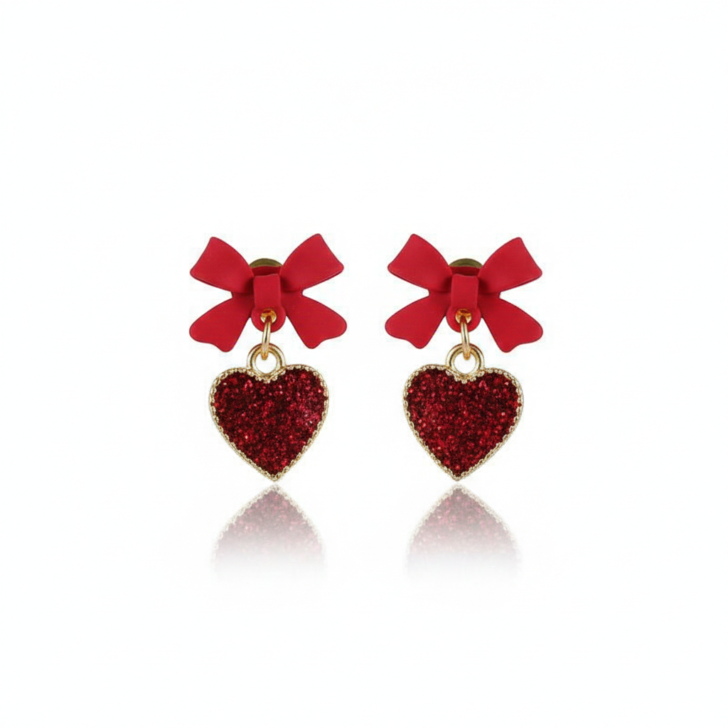 Elegant Red Bow Heart Drop Earrings – Glitter Finish with Gold Accent