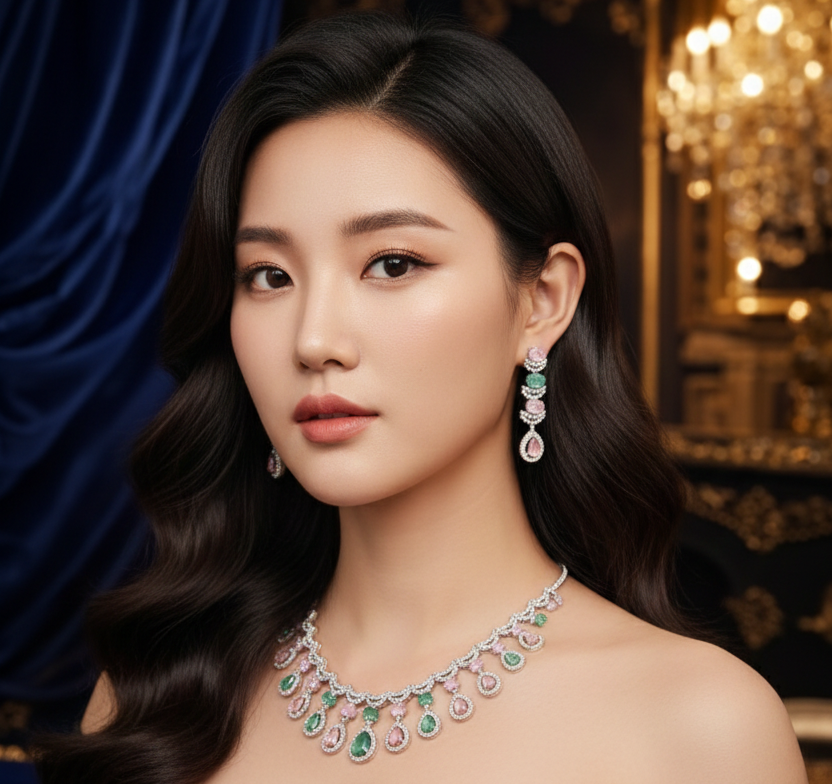 Royal Pastel Teardrop Diamond Necklace Set – Luxury Emerald & Blush Statement Jewelry