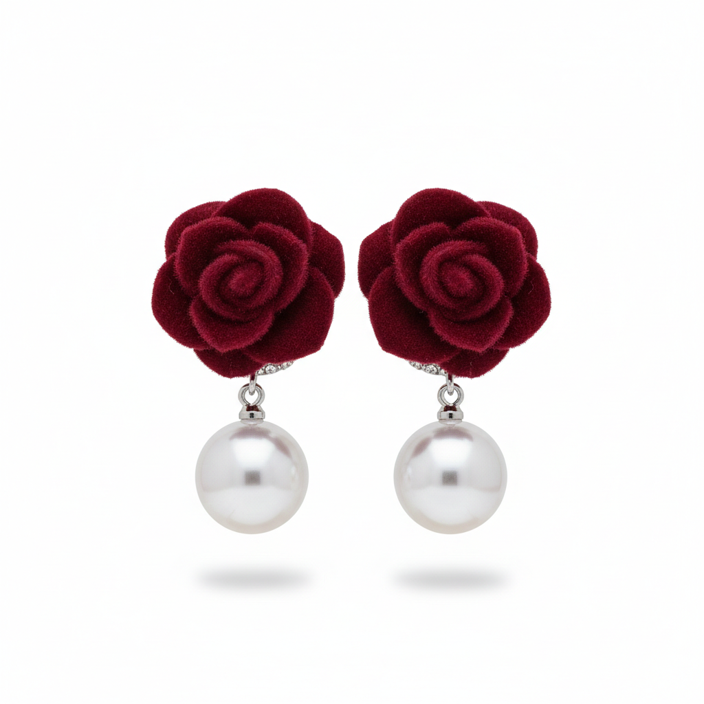 Velvet Rose Pearl Drop Earrings – Elegant Floral Studs