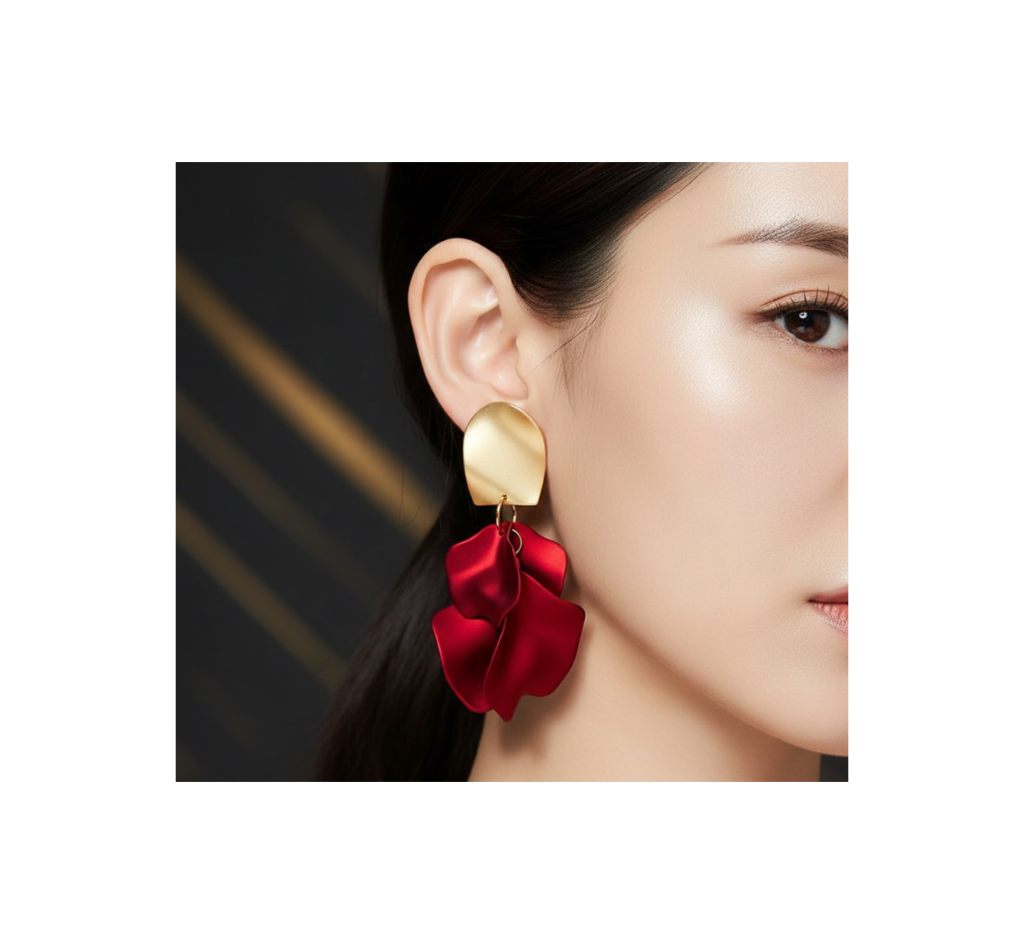 Luxury Red Petal Drop Earrings – Matte Gold Finish