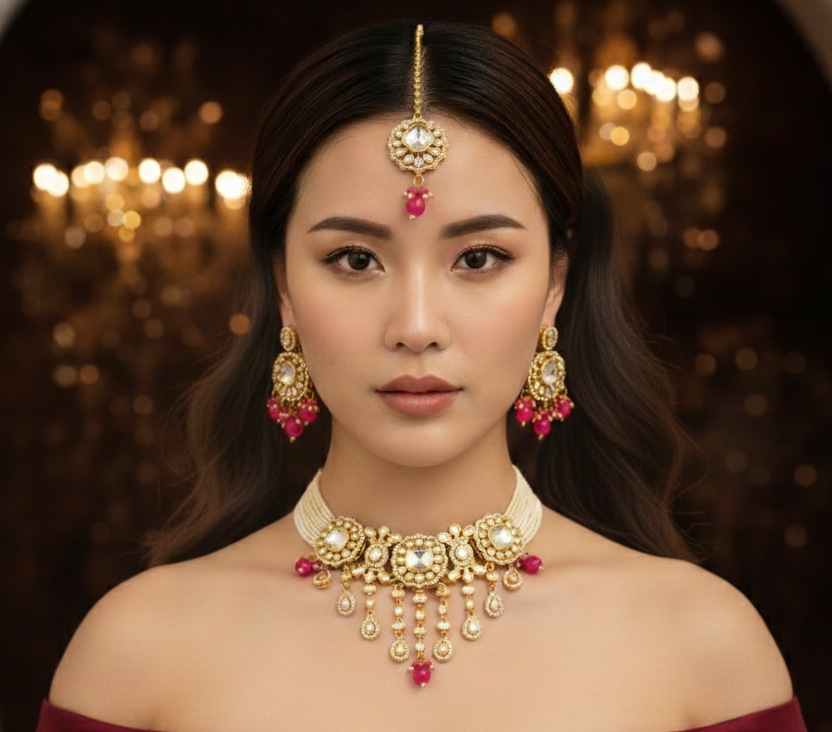 Premium Gold Tone Bridal Kundan Choker Necklace & Earrings Set