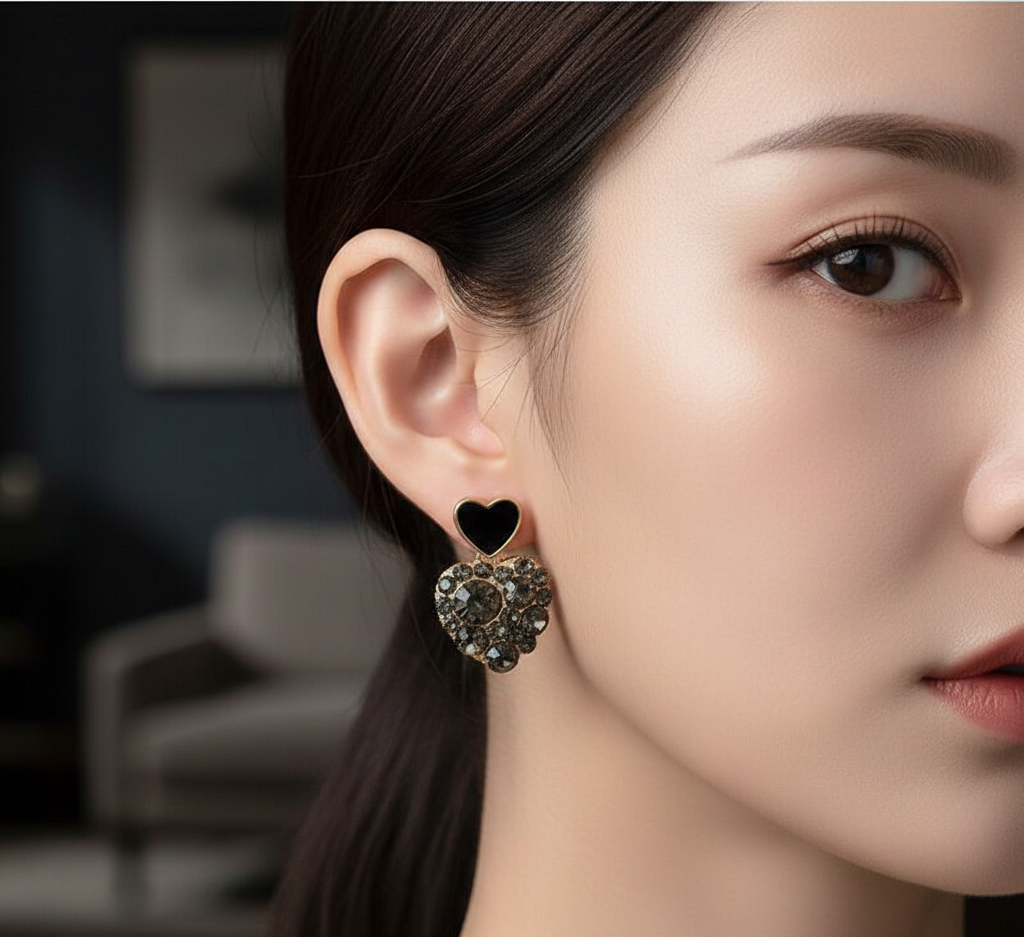 Elegant Gold-Tone Finish Black Heart Crystal Stud Earrings