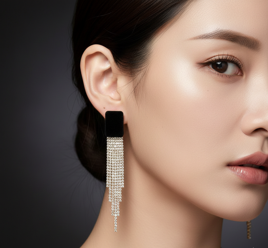 Black Velvet Crystal Tassel Drop Earrings | Luxury Evening & Party Jewelry