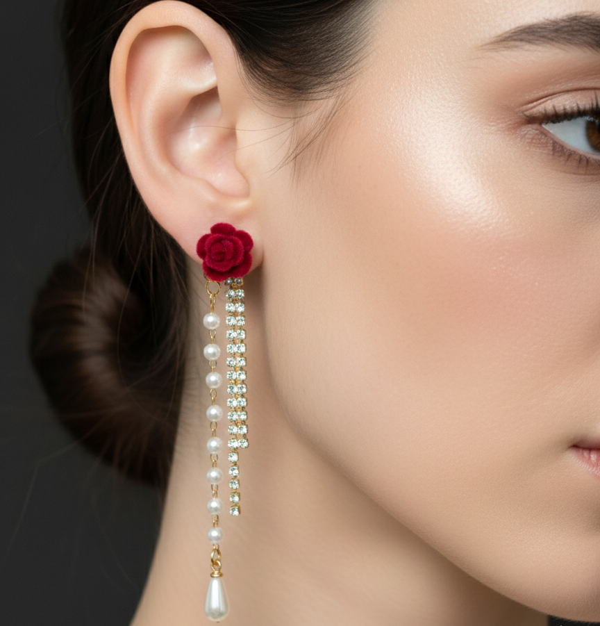 Rose Bloom Pearl Drop Earrings | Luxury Floral Party & Bridal Jewelry