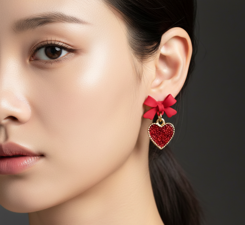 Elegant Red Bow Heart Drop Earrings – Glitter Finish with Gold Accent