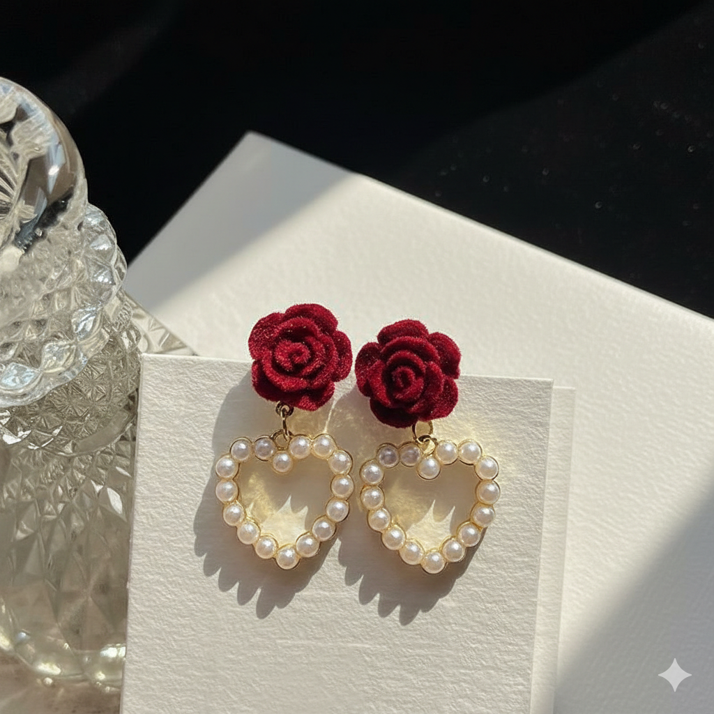 Rose Pearl Heart Drop Earrings – Elegant Floral Design