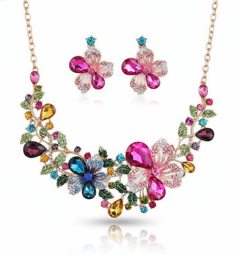 Floral Multicolor Crystal Statement Necklace & Earring Set
