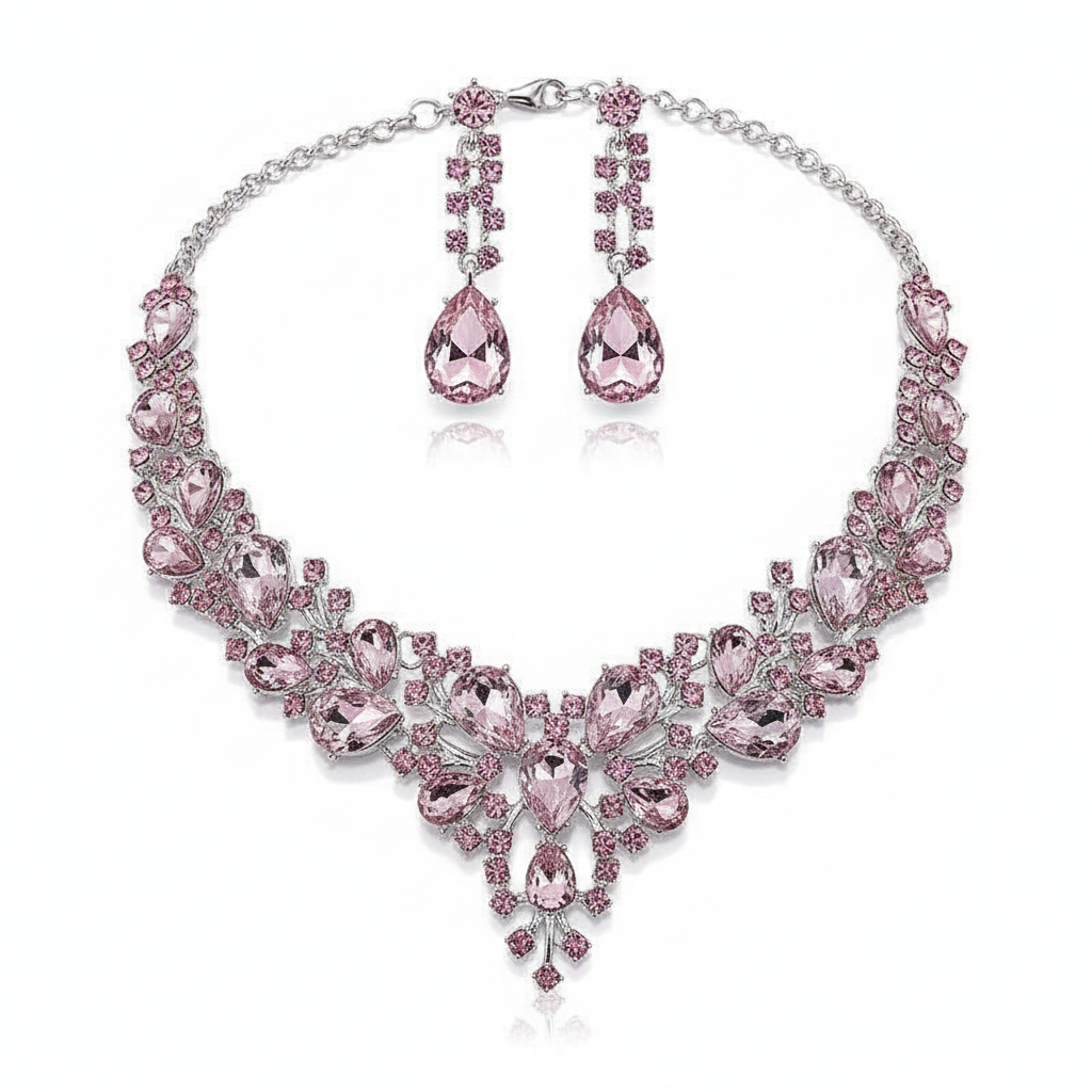 Blush Pink Crystal Luxury Necklace Set with Drop Earrings – Elegant Bridal & Party Jewelry
