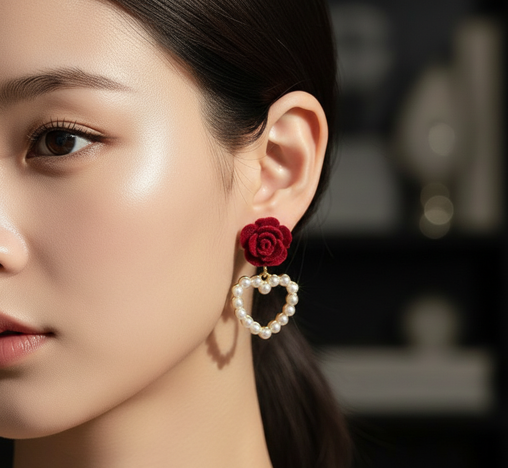 Rose Pearl Heart Drop Earrings – Elegant Floral Design