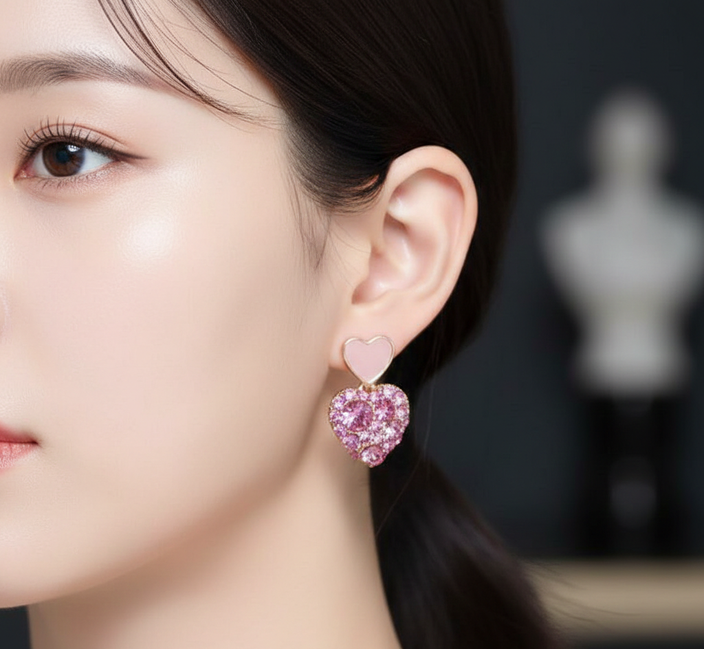 Elegant Gold-Tone Finish Pink Crystal Heart Drop Earrings