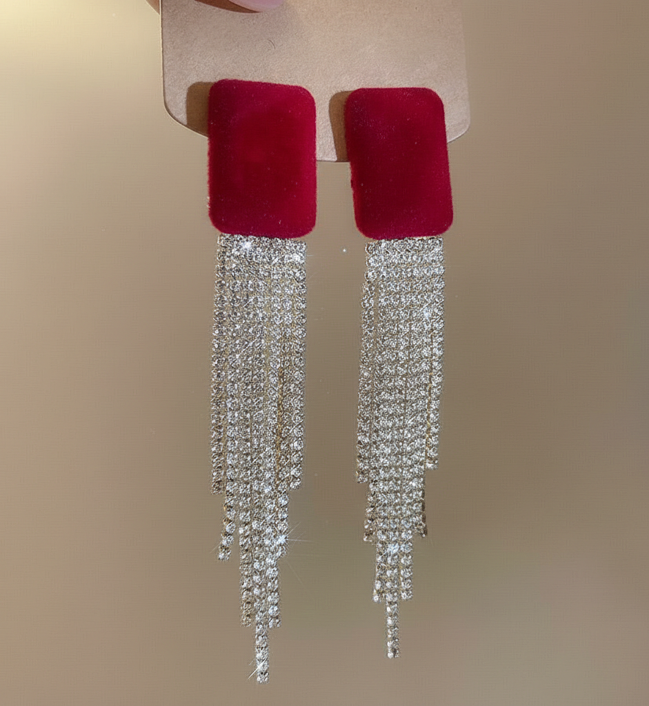 Ruby Velvet Crystal Tassel Drop Earrings
