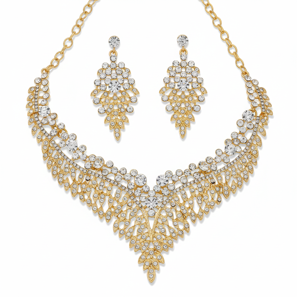 Luxury Gold-Plated Crystal Leaf Necklace Set with Earrings