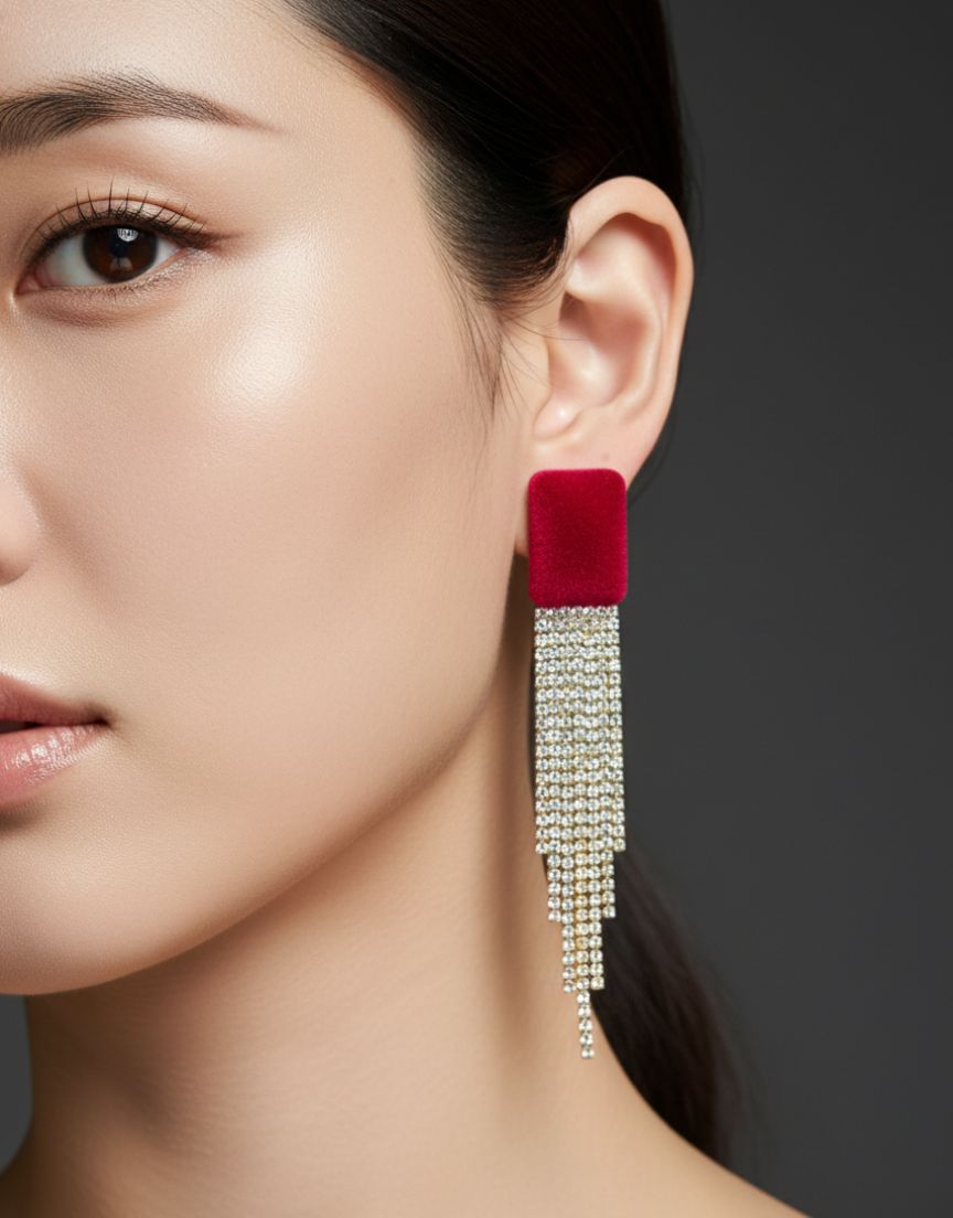 Ruby Velvet Crystal Tassel Drop Earrings