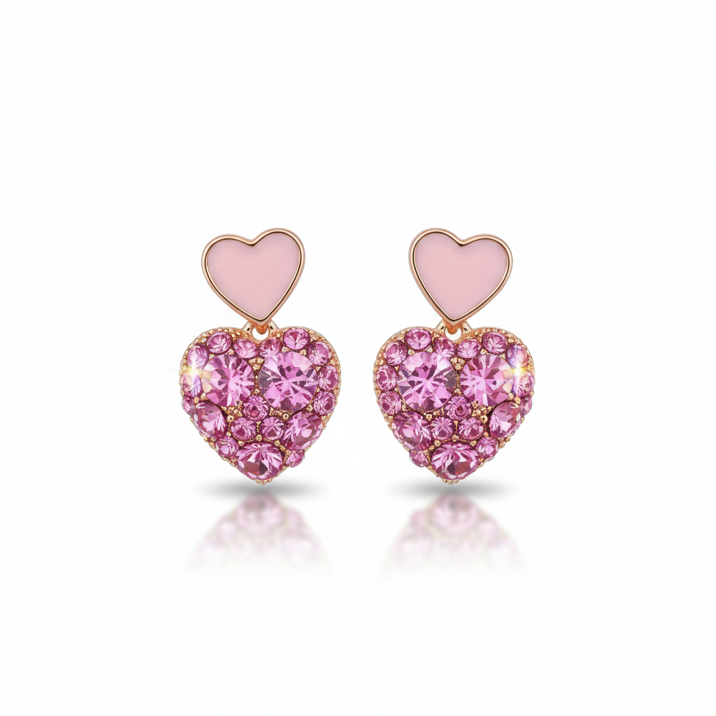 Elegant Gold-Tone Finish Pink Crystal Heart Drop Earrings