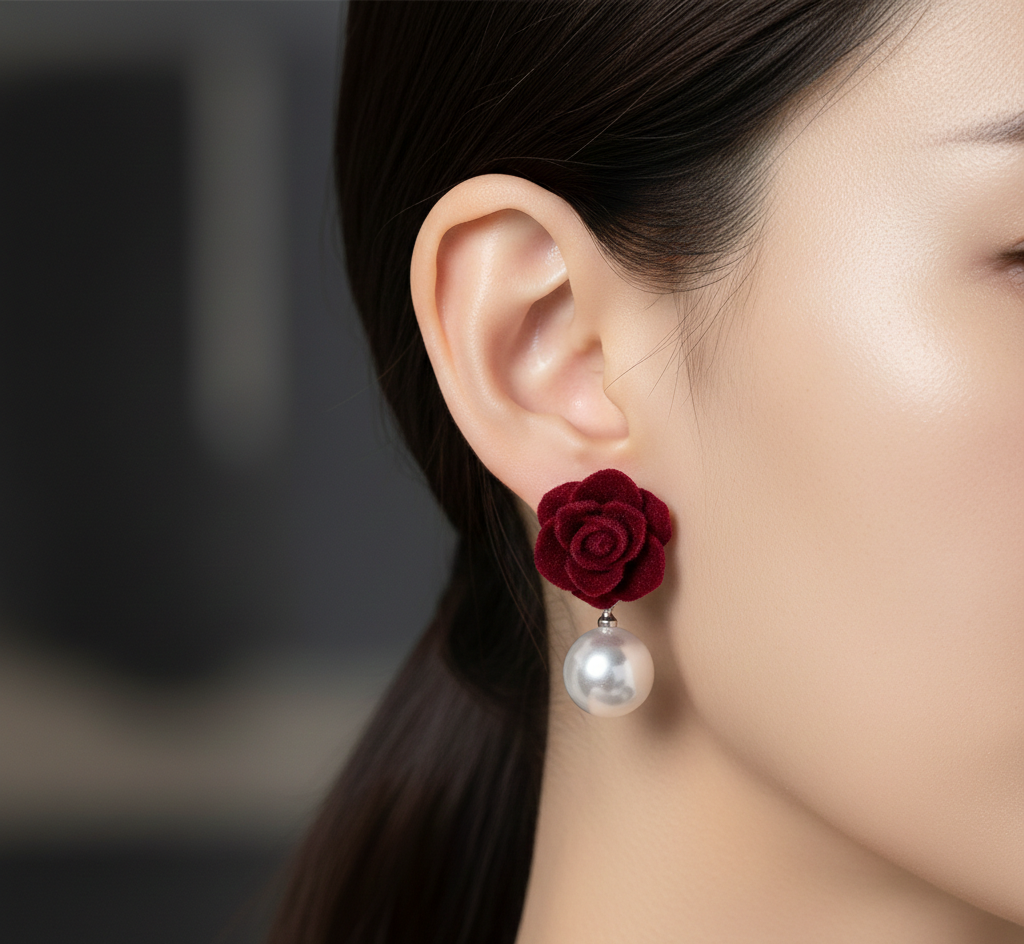 Velvet Rose Pearl Drop Earrings – Elegant Floral Studs