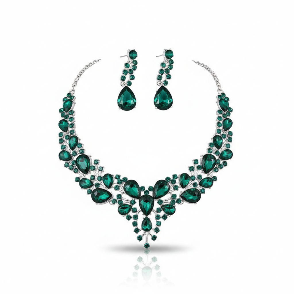 Emerald Green Crystal Luxury Necklace Set with Drop Earrings – Premium Bridal & Party Jewelry